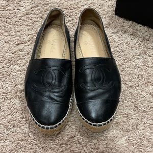 CHANEL Black Leather Espadrilles